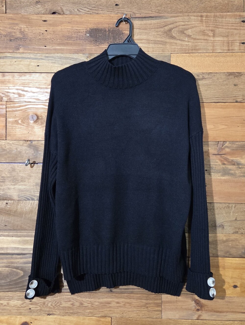 Black Ribbed Sleeve Button Cuff Mock Neck High Low Soft Knit Sweater M Casual